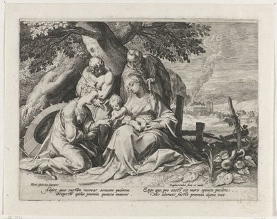 Heilige Familie met Heilige Catharina en Heilige Sebastiaan Mystiek huwelijk van de Heilige Catharina door Raphaël Sadeler (I)