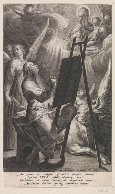 Lucas de Evangelist schildert Maria met het Christuskind door Raphaël Sadeler (I)
