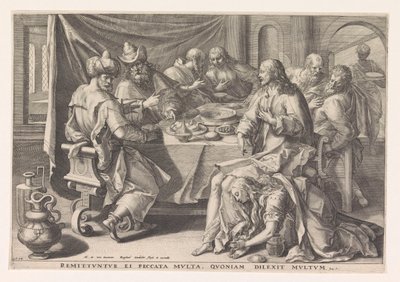 Maria Magdalena wast de voeten van Christus door Raphaël Sadeler (I)