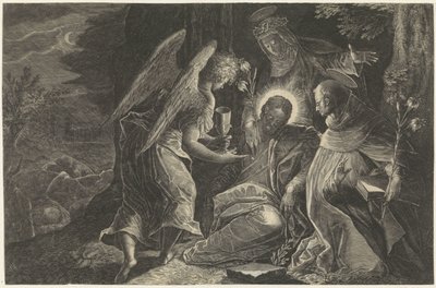 Christus wordt in Getsemane getroost door een engel, de Heilige Dominicus en de Heilige Catharina van Sienna door Raphaël Sadeler (II)