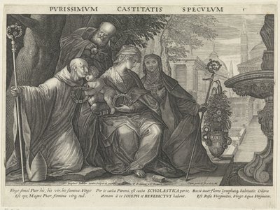 Heilige familie met de Heilige Benedictus en de Heilige Scholastica door Raphaël Sadeler (II)