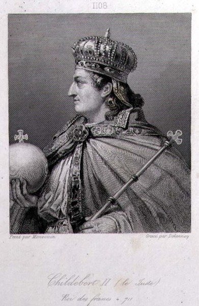 Childebert, koning van Austrasië (gravure) door Raymond Quinsac (after) Monvoisin
