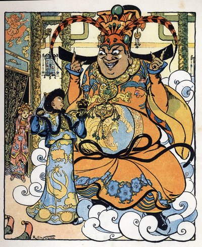 Aladdin, Prinses Badroulboudour en de geest voor het lichaam van de Afrikaanse tovenaar: illustratie voor het verhaal 