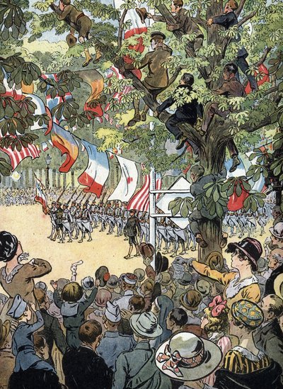 Eerste Wereldoorlog: De Defilé van Overwinning op de Avenue des Champs-Elysees in Parijs op 14/07/1919: Franse mariniers bewonderd door de menigte Parijzenaars door Raymond de la Neziere