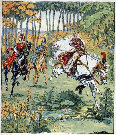Parizade haalt zijn broers Bahman en Pervis in tijdens de paardenrace. Illustratie door Raymond de La Neziere (1865-1953) voor het verhaal 