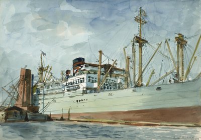 Stoomvrachtschip en sleepboot door Reginald Marsh