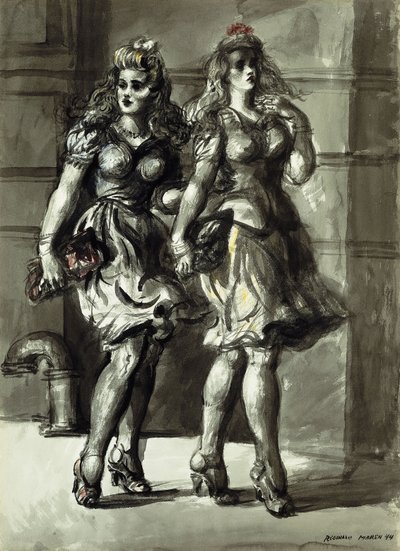 Twee wandelende jonge vrouwen door Reginald Marsh