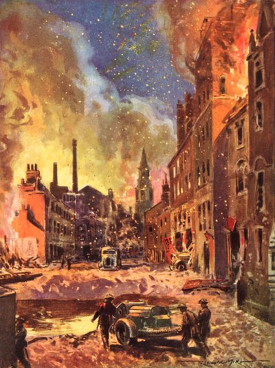 Brandweerlieden van de Britse Nationale Brandweer inspecteren een grote bomkrater tijdens de Blitz, Tweede Wereldoorlog door Reginald Mills
