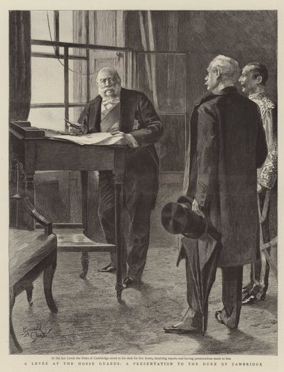 Een dijk bij de Horse Guards, een presentatie aan de hertog van Cambridge (gravure) door Reginald Thomas Cleaver