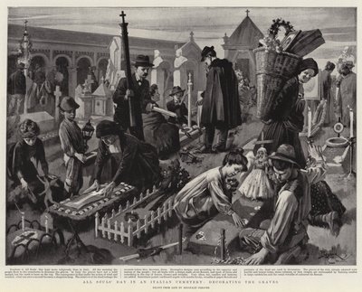 Allerzielen op een Italiaanse begraafplaats, het versieren van de graven (litho) door Reginald Thomas Cleaver