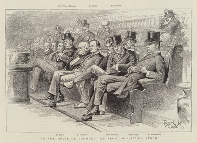 In het Lagerhuis, de voorste oppositiebank (litho) door Reginald Thomas Cleaver