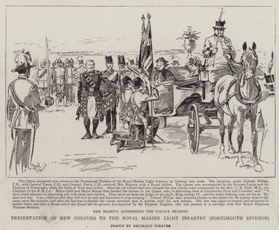 Presentatie van nieuwe kleuren aan de Royal Marine Light Infantry, Portsmouth Division (litho) door Reginald Thomas Cleaver