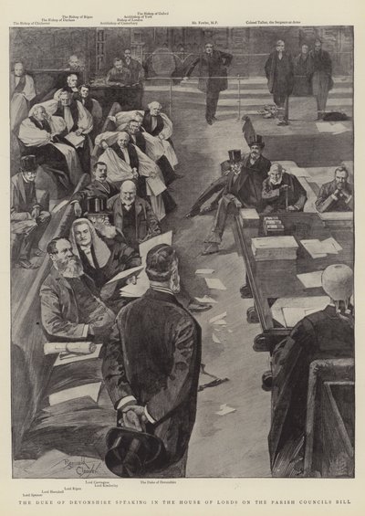 De hertog van Devonshire spreekt in het Hogerhuis over de Parish Councils Bill (gravure) door Reginald Thomas Cleaver