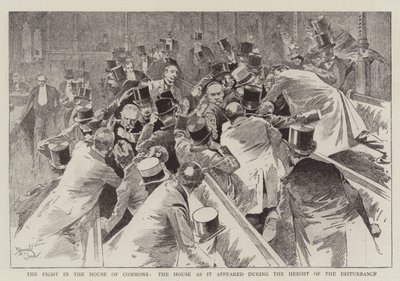 De strijd in het Lagerhuis, het Huis zoals het eruitzag tijdens het hoogtepunt van de onlusten (gravure) door Reginald Thomas Cleaver