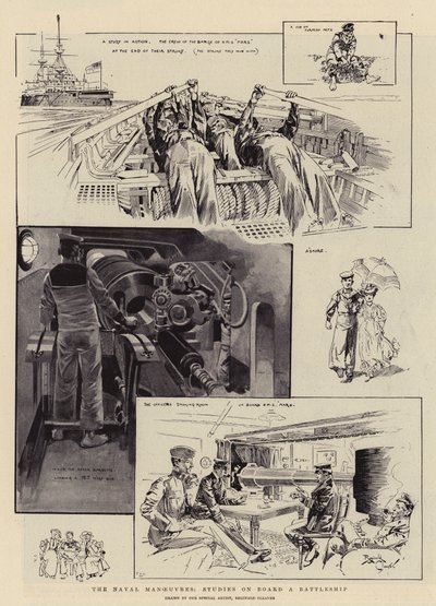 De marine manoeuvres, studies aan boord van een slagschip (litho) door Reginald Thomas Cleaver