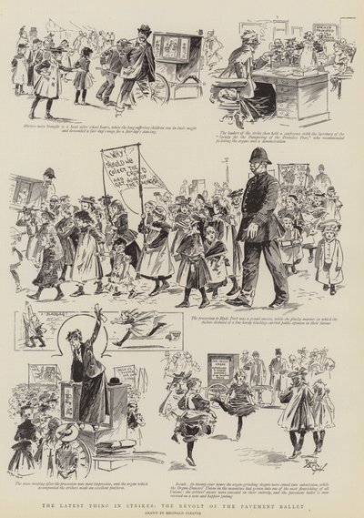 Het nieuwste in stakingen, de opstand van het stoepballet (gravure) door Reginald Thomas Cleaver