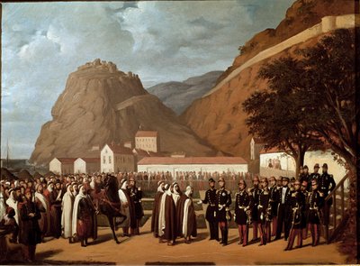 Verovering van Algerije (1830-1847): de onderwerping van Abd el Kader (Abd-el-Kader of ibn Muhyi al-Din al-Hasani (al Din al-Hasani) (1808-1883) aan de hertog van Aumale en het Franse leger op 24/12/1847 - Schilderij door Regis Augustin (1813-1880) 19e eeu door Regis Augustin