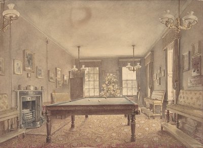 Interieur van de biljartkamer in Lupton House, Devonshire, ontworpen door George door Reid Turner