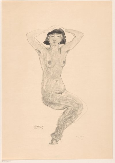 Zittende naakte vrouw met handen op het hoofd door Reijer Stolk (signed by artist)