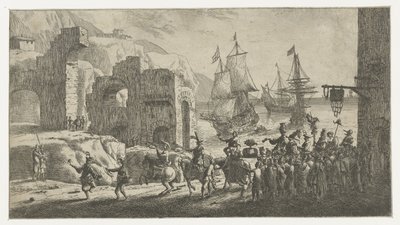 Maskerade bij een haven door Reinier Nooms (attributed to)