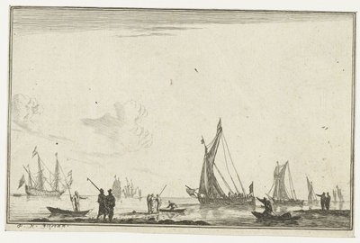 Binnenwater met verschillende zeilschepen door Reinier Nooms