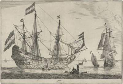 Groot zeilschip en een roeiboot door Reinier Nooms