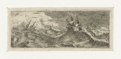 Klein zeegezicht met schepen in een storm door Reinier Nooms