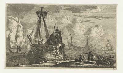 Onttakeld zeilschip door Reinier Nooms