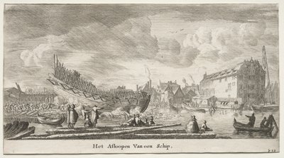 Schepen van Amsterdam: Te water laten van een schip door Reinier Nooms