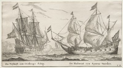 Schepen van Amsterdam: De Vrijheid, een oorlogsschip. De Wolfshond, een Spaans schip door Reinier Nooms
