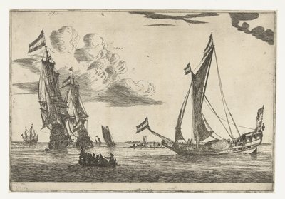 Twee oorlogsschepen en een jacht door Reinier Nooms
