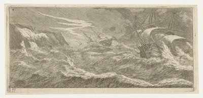 Zeilschepen in een zeestorm door Reinier Nooms
