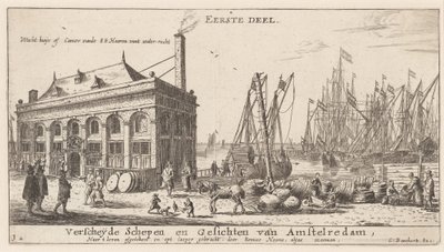 Uitzicht op de Haven van Amsterdam met het Kantoor van de Waterautoriteit (Titelpagina) door Reinier Nooms, called Zeeman