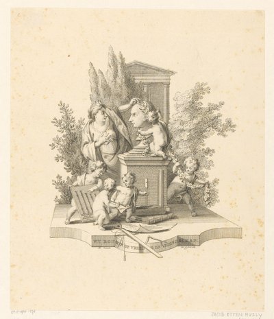 Allegorische voorstelling met een buste van Jacob Otten Huslij door Reinier Vinkeles (I)