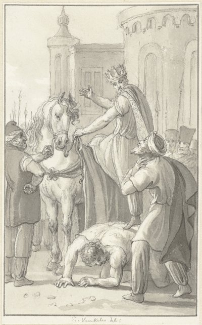 Keizer Valerianus in krijgsgevangenschap bij de Perzische koning Sapor door Reinier Vinkeles (I)