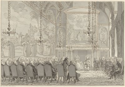 Ontvangst van Prins Willem V en Wilhelmina van Pruisen in de Raadzaal van het Stadhuis van Amsterdam door Reinier Vinkeles (I)