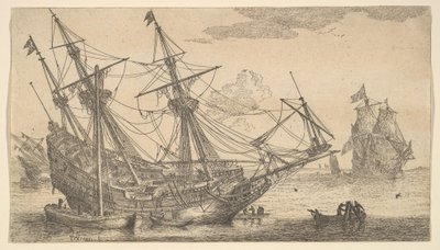 Een koopvaardijschip gekield voor het breeuwen van de romp door Reinier Zeeman