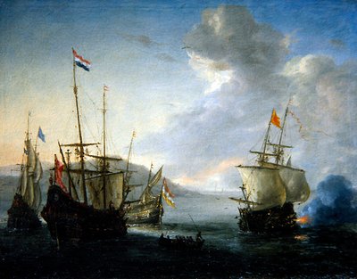 Een Zeeslag met een Zeeman in een Roeiboot door Reinier Zeeman