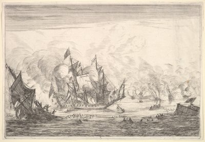 Zeeslag met een Engels schip dat aan de linkerkant zinkt, uit Zeeslagen Nieuwe Sc... door Reinier Zeeman