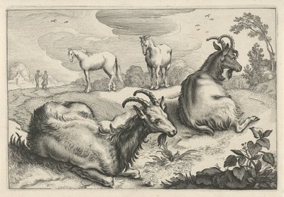 Landschap met twee geiten en twee paarden door Reinier van Persijn