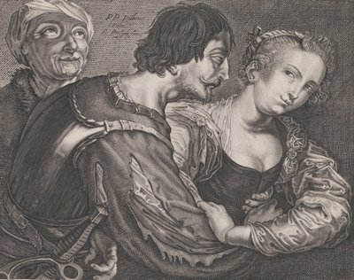 De koppelaarster: een oude vrouw, een soldaat en een vrouw, ca. 1635-68 door Reinier van Persyn