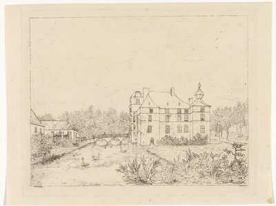 Zijaanzicht van kasteel de Cannenburch met huizen bij de toegangsbrug door Reinierus Albertus Ludovicus baron van Isendoorn à Blois