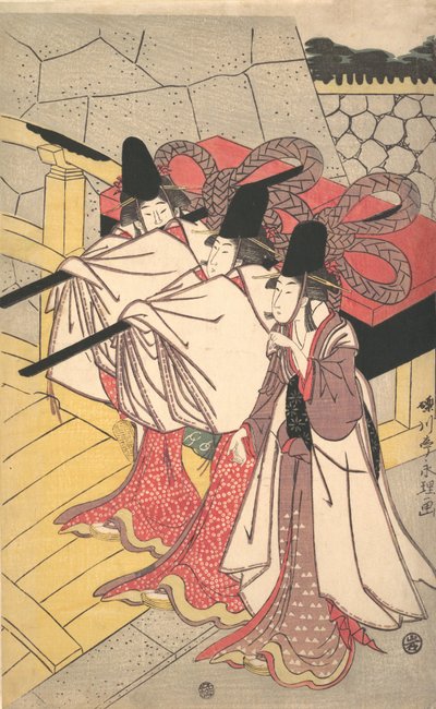 Prins Genji keert terug naar zijn paleis waar zijn vrouw op hem wacht, ca. 1797 door Rekisentei Eiri