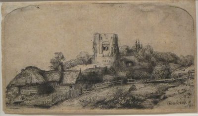 Landschap met vierkante toren door Rembrandt