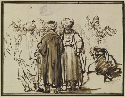 Mannen in oosterse kledij en twee studies van een bedelaar in half-figuur. door Rembrandt