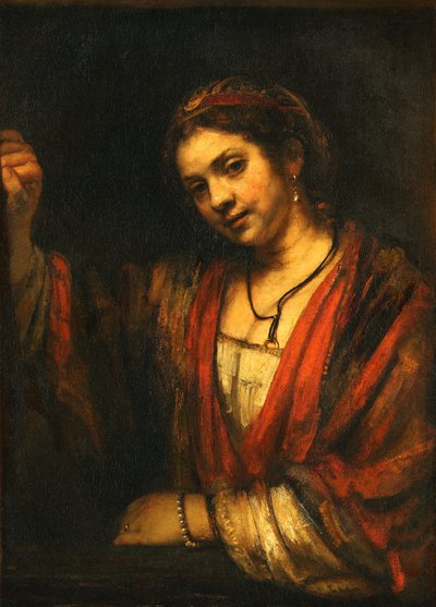 Jonge vrouw bij de open bovendeur door Rembrandt