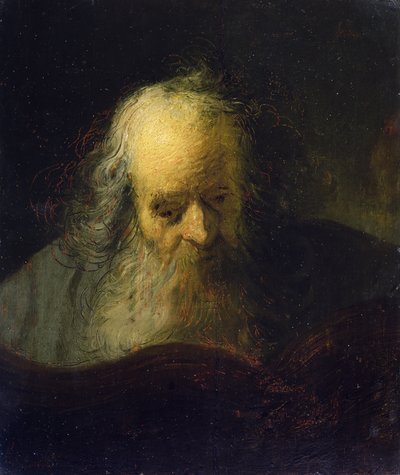 Een oude man die een boek leest door Rembrandt Harmensz. van Rijn (circle of)