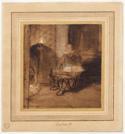 Interieur, met een man zittend bij een vuur, lezend bij lamplicht (recto) door Rembrandt Harmensz. van Rijn (circle of)