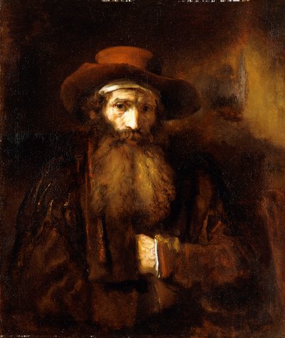 Een Bejaarde Man met Baard, gekleed in een bruine Jas en roestkleurige Hoed, 1651 door Rembrandt van Rijn