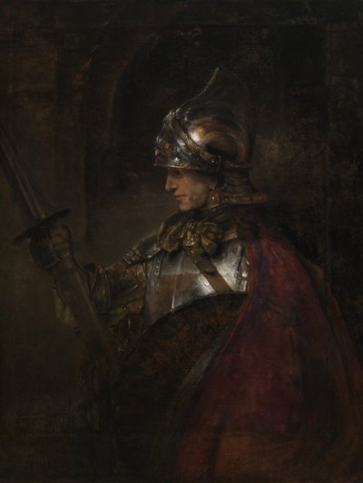 Een Man in Harnas door Rembrandt Harmensz. van Rijn